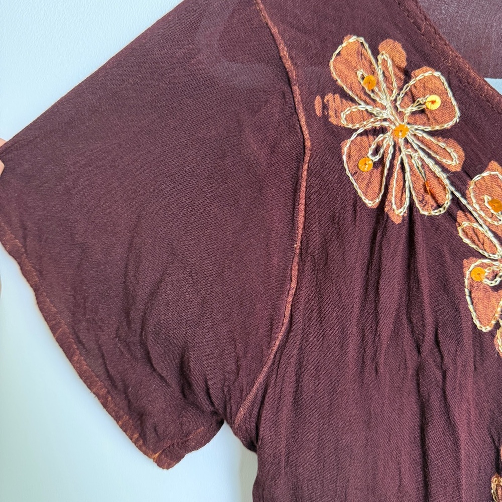 Sunflower Boho Embroidered Brown Orange Sequin Tunic Top Free Size Boho Hippie - Picture 6 of 11